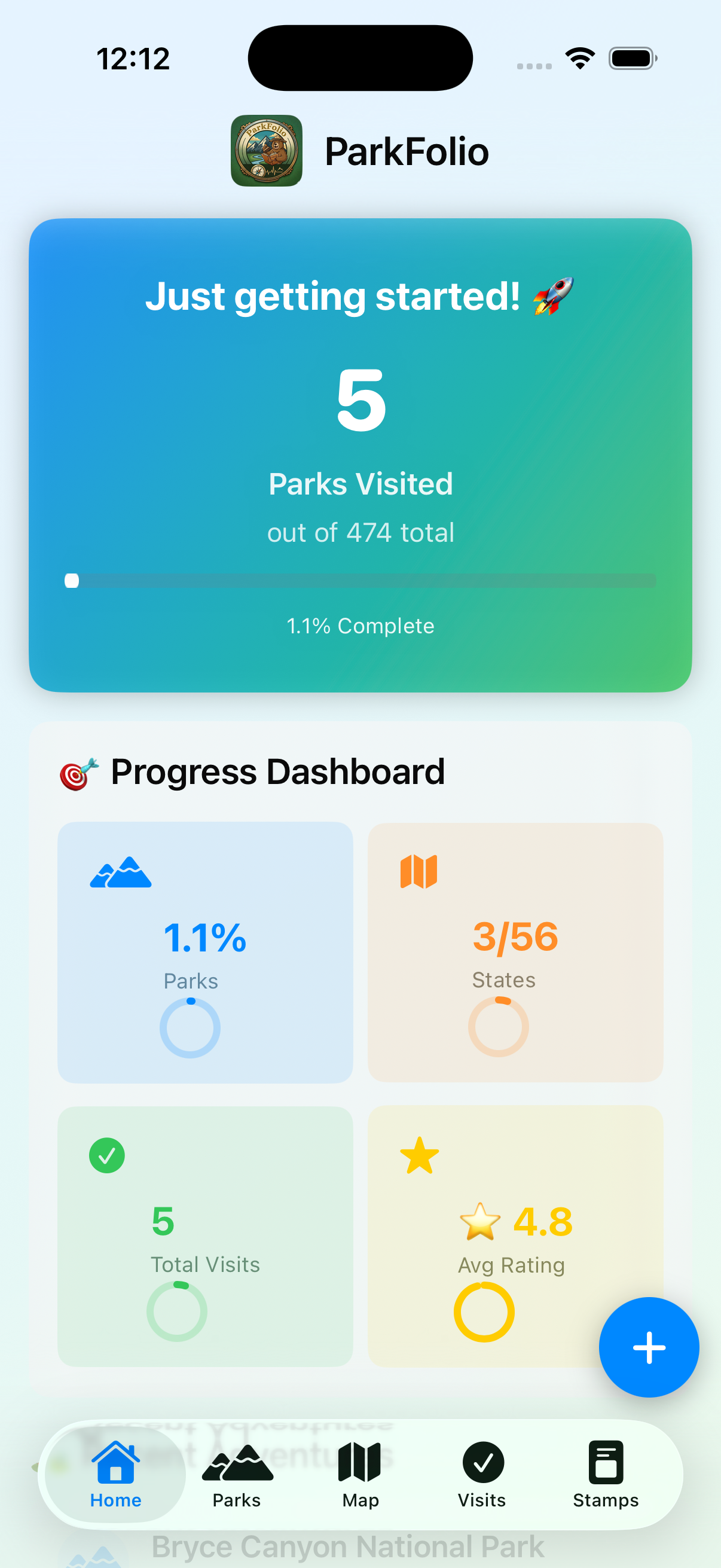 ParkFolio home screen showing park visit statistics and progress dashboard