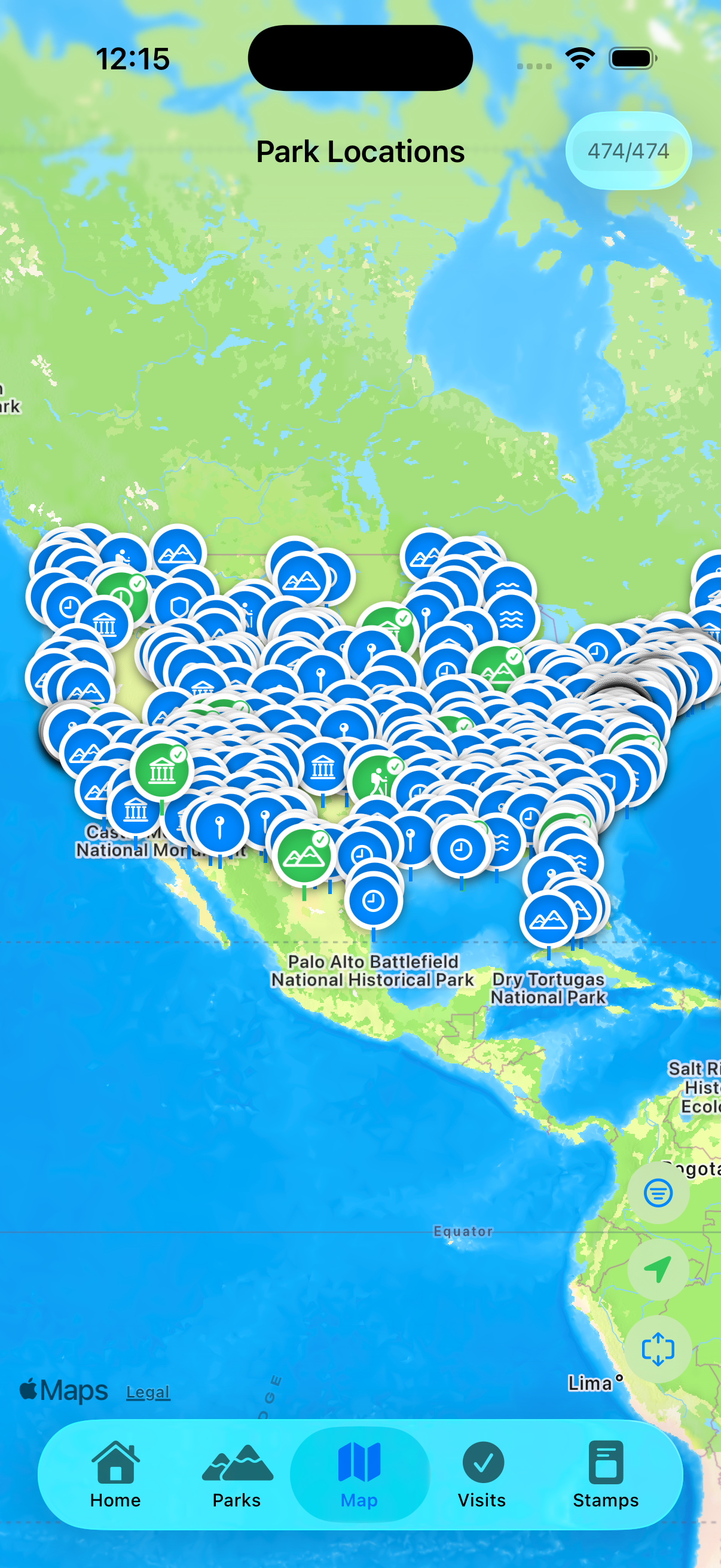 Interactive map showing all 474 NPS locations across the US
