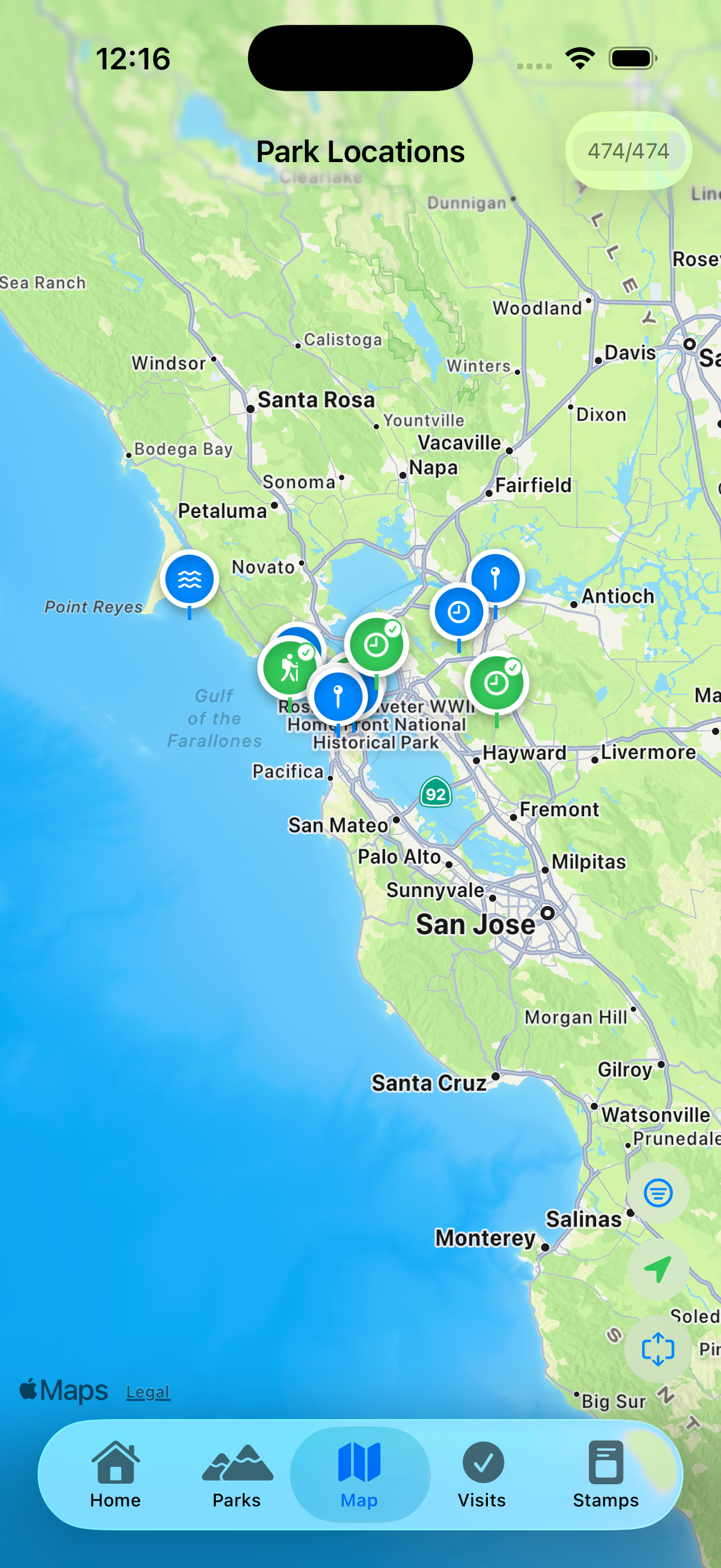 Map zoomed in showing NPS sites near current location