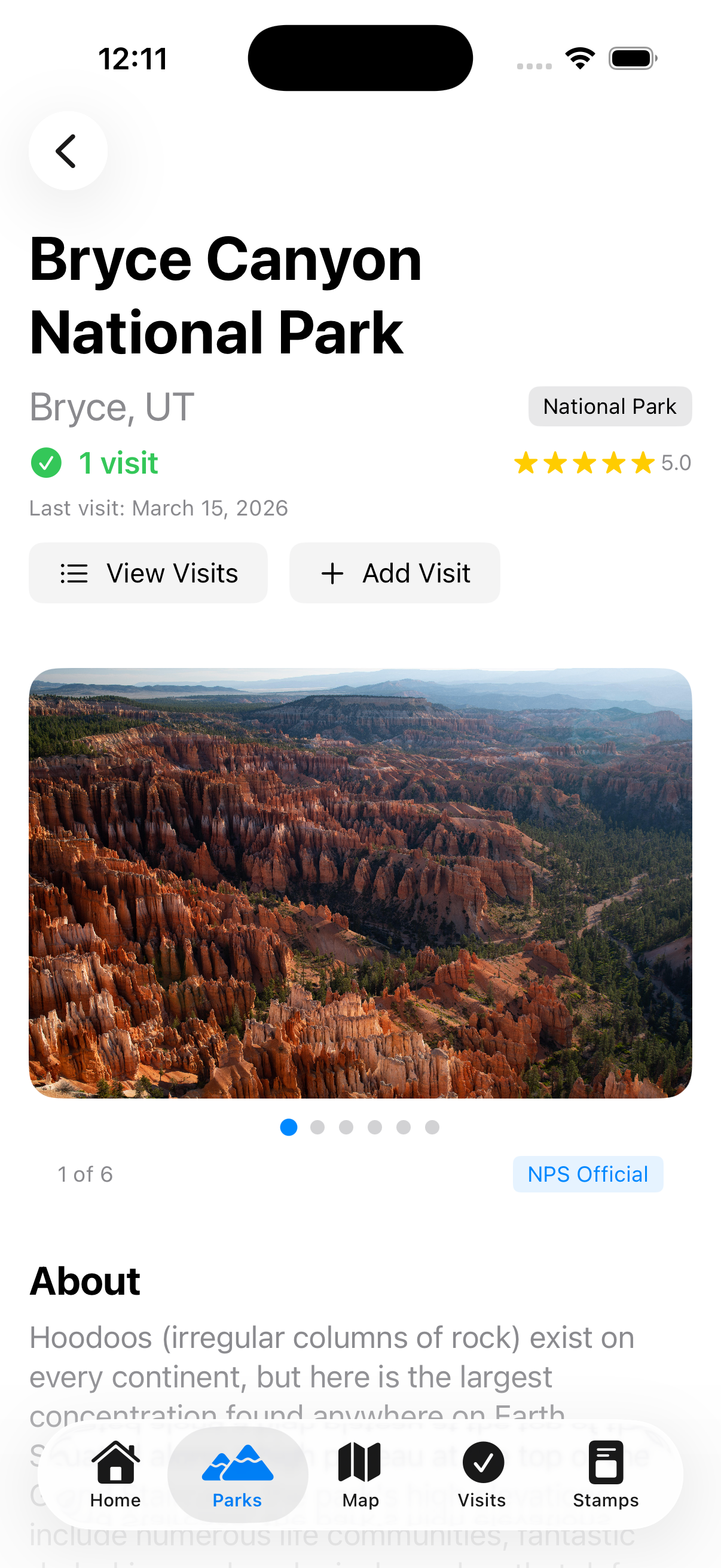 Bryce Canyon National Park detail page with photo gallery