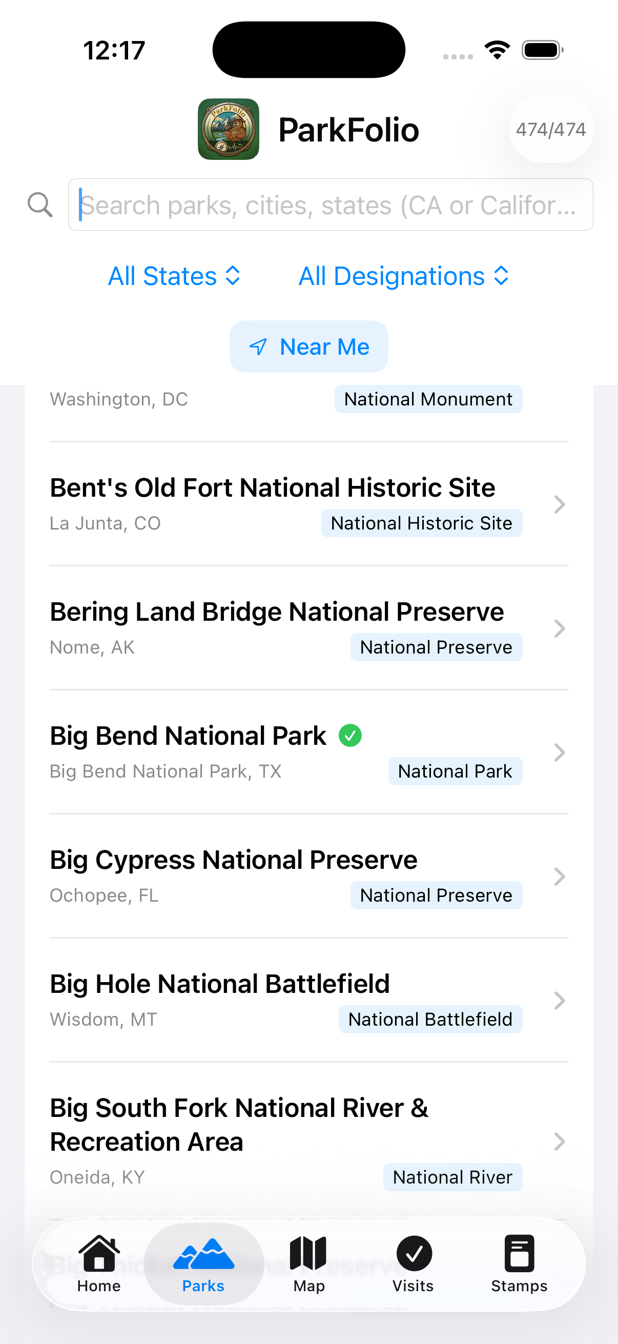 Parks list showing 474 NPS locations with search and filter