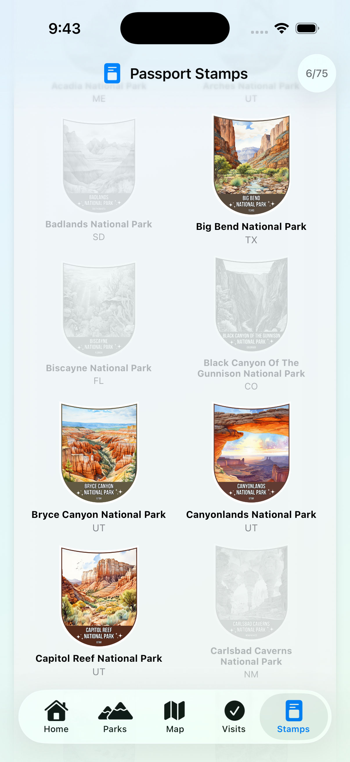 Passport stamp collection grid showing earned and locked stamps