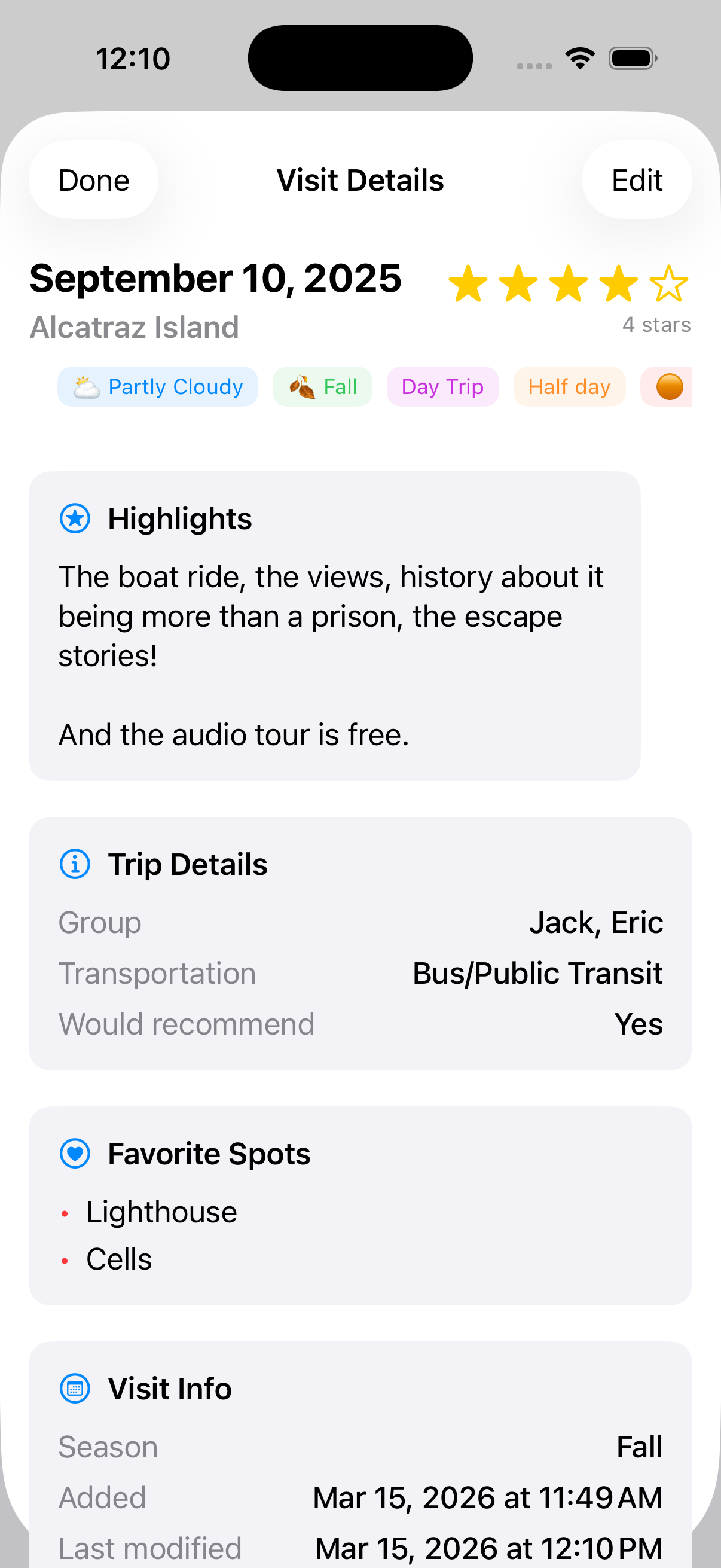 Visit details showing highlights, trip info and favorite spots